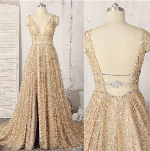Sparkly Deep V Neck Sleeveless Floor Length Prom Dress, A Line Long Fo ...