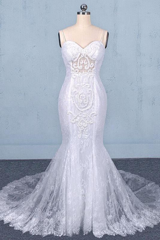 Spaghetti Straps Mermaid Bridal Dress with Appliques, Lace Beach Weddi ...