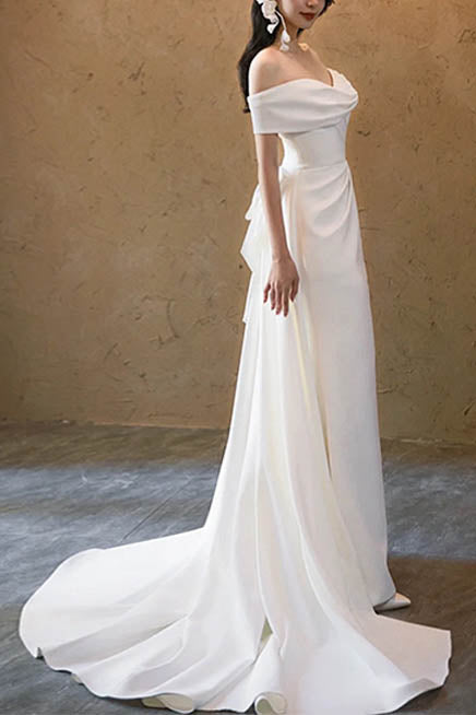 Simple Ivory Off the Shoulder Side Slit Satin Long Wedding Dress, Eleg ...