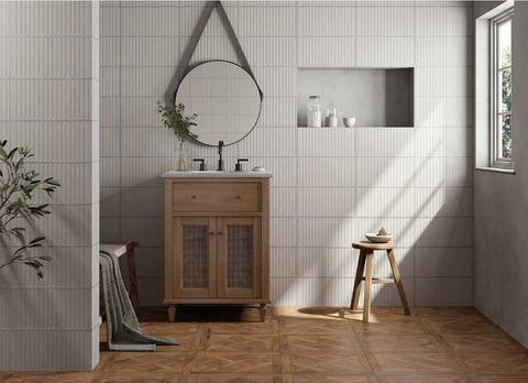 Peronda FS white loft tile as bathroom feature wall tile with FS Forest tile on floor with bathroom sink, mirror and inlaid shelf