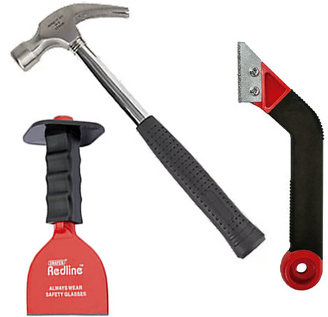 chisel, hammer and grout scrapper for removing tiles from walls