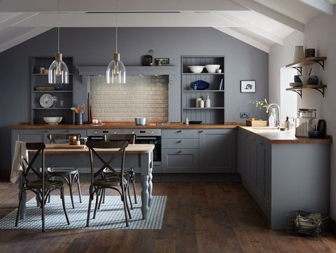 shaker kitchen with wooden floor and metro tiles