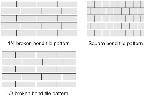 Bond tile pattern diagrams - 1/4 running bond, 1/3 running bond and square bond