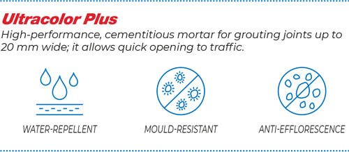 infomation on mapei untlra colour grout properties : Mould-resistant (BioBlock® Technology) Grouted areas are quickly ready for use Water-repellent and easy to clean (DropEffect® technology) Anti-efflorescence for uniform colour