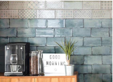 10x20cm Vita Natura Decor Brick tile and 10x20cm Vita Natura Brick tile in a kitchen setting with a coffee machine, good morning sign and plant on a wooden cabinet