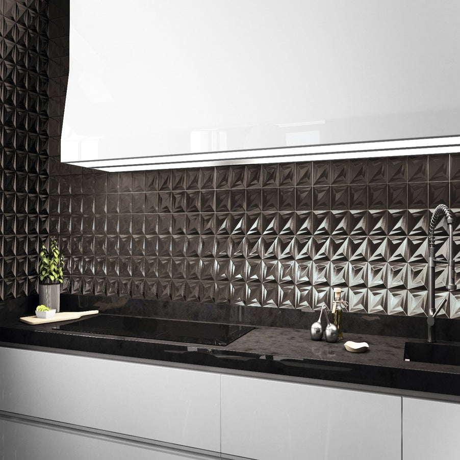 Delta anthracite 3D decorative tiles 33x33cm as kitchen splashback tiles in a kitchen setting. With white gloss kitchen cabinets, black quartz worktop and sunken sink.