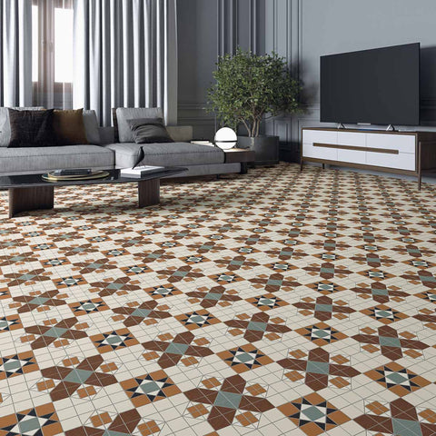 31.6x31.6cm Blakeney Pattern floor tile on a living room floor with tv and sofa