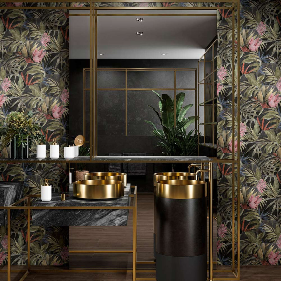 Exotic Hexagon tiles in a bathroom setting. With freestanding gold and blakc sink, gold art deco shelving and furniture, white bathroom accessories and green potted plants.