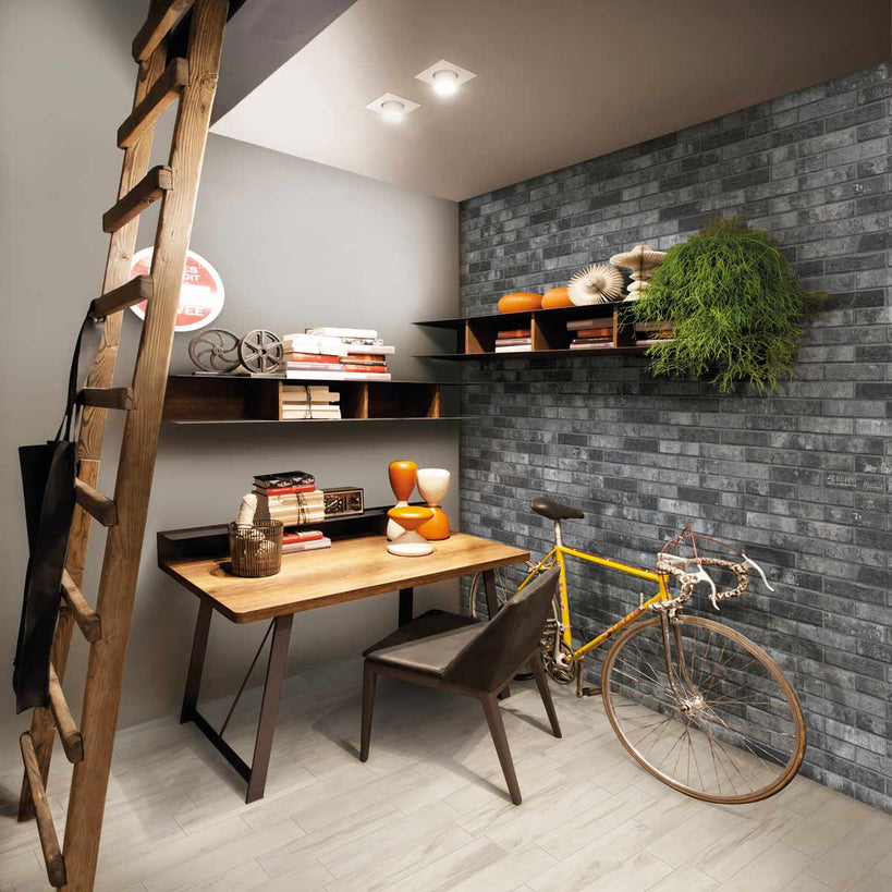 6x25cm London Brick Charcoal tile on side wall with wooden desk and shelving