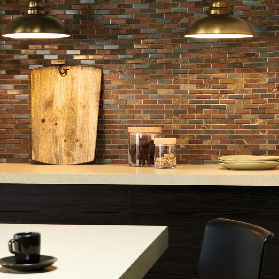 Naga Copper Stone Mosaic 29.8x26cm. Kitchen mosaic tiles for kitchen splashback tiles above dark kitchen units, white worktop with wooden chopping board, white plates and glass jars