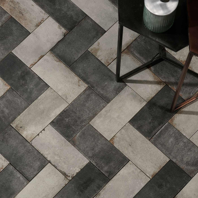 Osterley Black Brick tiles 11x22.5cm. Create herringbone floor tiles with black and white brick floor tiles.