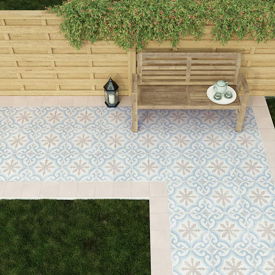 20x20cm Remor pattern tile in a garden setting used as a path with a bench on it.