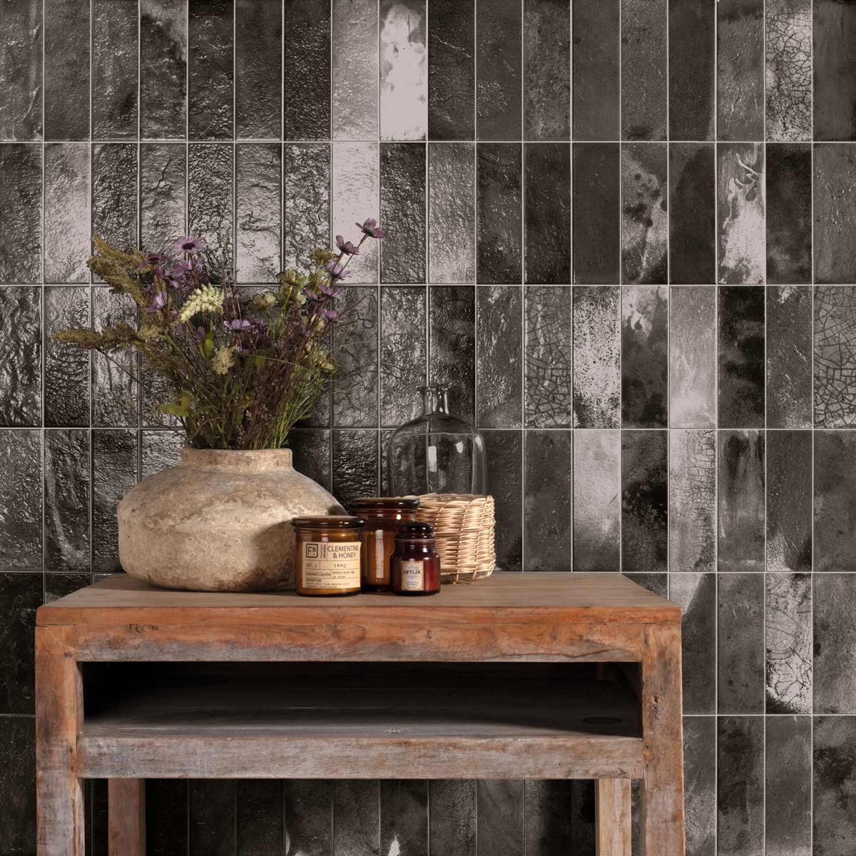 20x40cm Raku black metallic glaze ceramic tile wall with wooden kitchen side tables and ornaments
