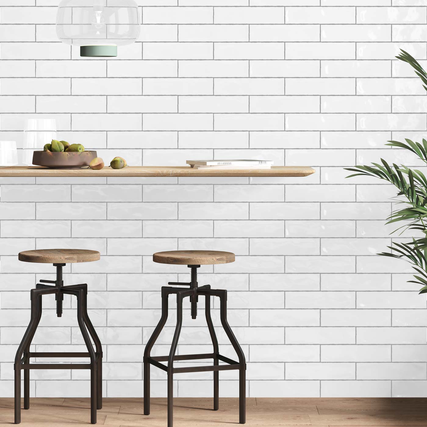 7.5x30cm Cottage white gloss tile with black stools and breakfast bar