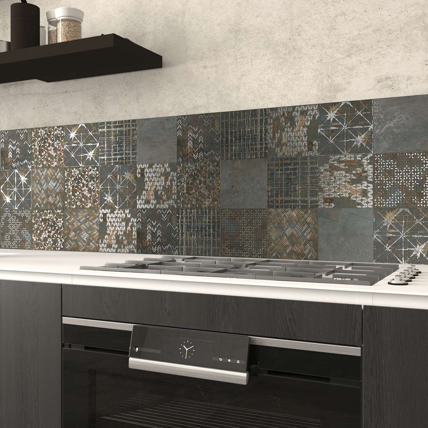 20x20cm Oxide Ethnic tile set, 8 different prints as tiles on a kitchen splashback above workbench and gas hobs