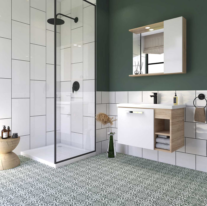 Hadrian Stone Grey tiles 33x33cm in a Victorian bathroom setting. Encaustic tiles as Victorian floor tiles, white metro tiles in the shower and Victorian green painted walls. White vanity unity and sink to the right.