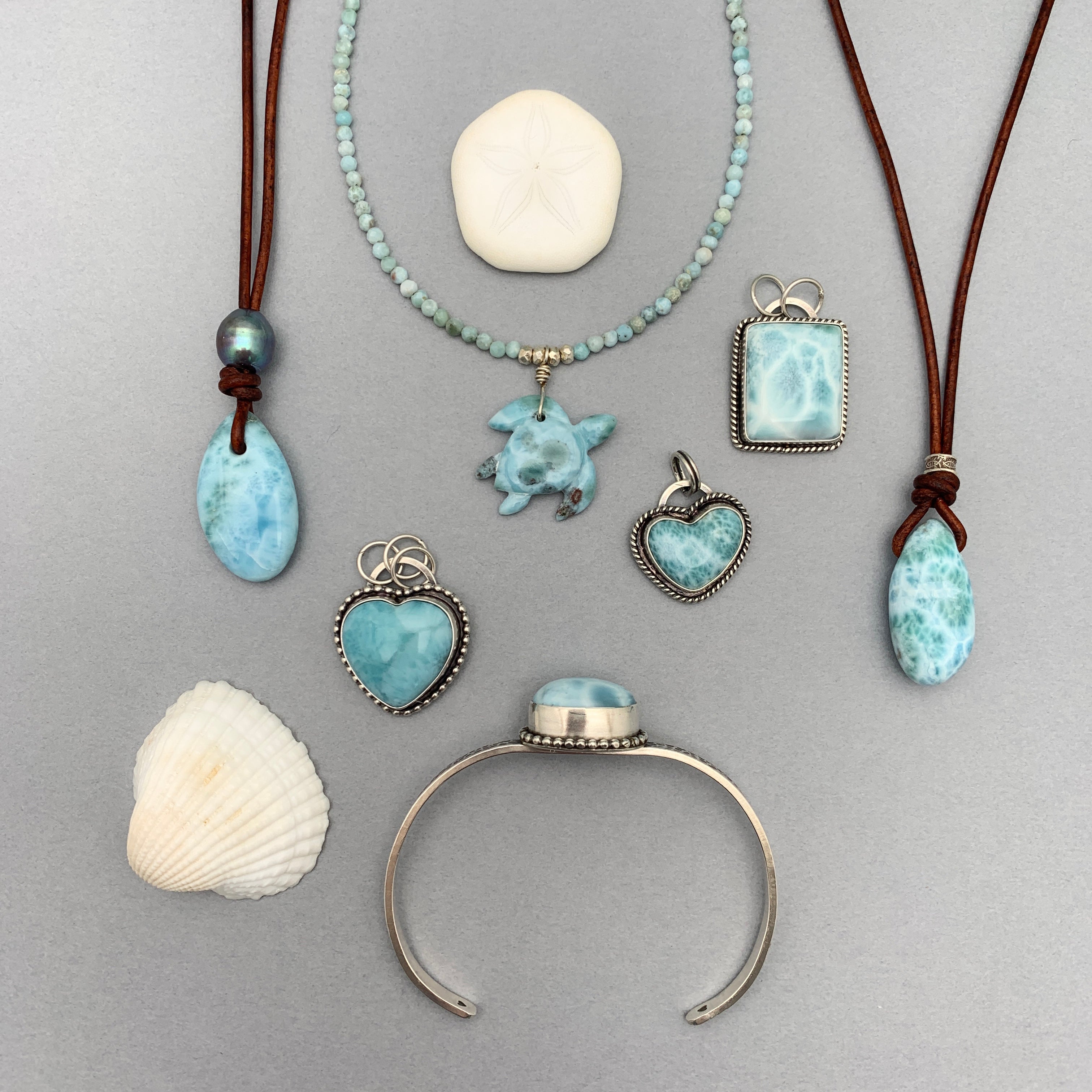 Larimar and sterling silver jewelry, necklaces and cuff bracelet