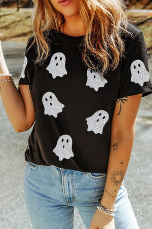 Glitter Ghost Round Neck Short Sleeve T-Shirt - fashhut.com