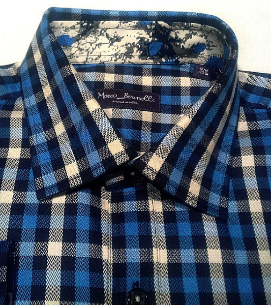 New- Marco Brunelli of Italy- Blue/Black/White Check Fashion Shirt- si ...