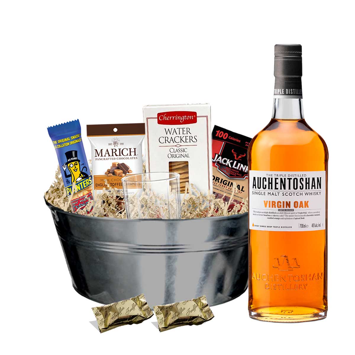 Auchentoshan Virgin Oak Scotch Whisky 750ml Gift Basket