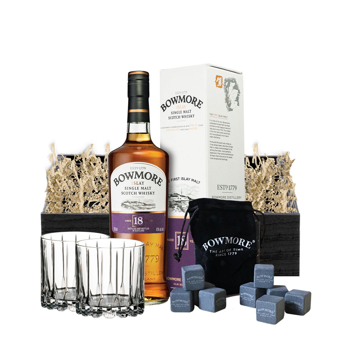 Bowmore 18 Year Scotch Whisky 750ml with Crystal Glassware and Whisky Stones Gift Set