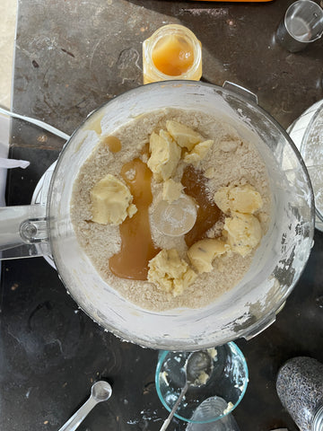 Cold Butter, honey in food processor
