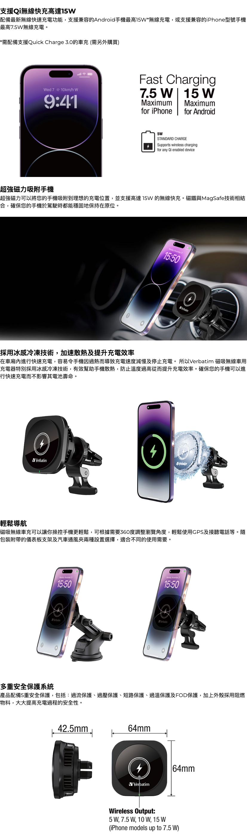 支援Qi無線快充高達15W 配備最新無線快速充電功能，支援兼容的Android手機最高15W*無線充電，或支援兼容的iPhone型號手機最高7.5W無線充電。  *需配備支援Quick Charge 3.0的車充 (需另外購買)    超強磁力吸附手機 超強磁力可以將您的手機吸附到理想的充電位置，並支援高達 15W 的無線快充。磁鐵與MagSafe技術相結合，確保您的手機於駕駛時都能穩固地保持在原位。    採用冰感冷凍技術，加速散熱及提升充電效率 在車廂內進行快速充電，容易令手機因過熱而導致充電速度減慢及停止充電。 所以Verbatim 磁吸無線車用充電器特別採用冰感冷凍技術，有效幫助手機散熱，防止溫度過高從而提升充電效率。確保您的手機可以進行快速充電而不影響其電池壽命。    輕鬆導航 磁吸無線車充可以讓你操控手機更輕鬆，可根據需要360度調整瀏覽角度，輕鬆使用GPS及接聽電話等。隨包裝附帶的儀表板支架及汽車通風夾兩種設置選擇，適合不同的使用需要。    多重安全保護系統 產品配備5重安全保護，包括：過流保護、過壓保護、短路保護、過溫保護及FOD保護，加上外殼採用阻燃物料，大大提高充電過程的安全性。