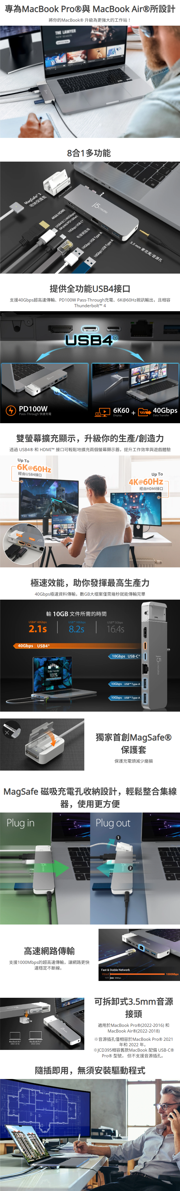 專為MacBook Pro®與 MacBook Air®所設計  將你的MacBook® 升級為更強大的工作站！    8合1多功能     提供全功能USB4接口  支援40Gbps超高速傳輸、PD100W Pass-Through充電、6K@60Hz視訊輸出，且相容Thunderbolt™ 4    雙螢幕擴充顯示，升級你的生產/創造力  透過 USB4® 和 HDMI™ 接口可輕鬆地擴充兩個螢幕顯示器，提升工作效率與遊戲體驗    極速效能，助你發揮最高生產力  40Gbps極速資料傳輸，數GB大檔案僅需幾秒就能傳輸完畢      獨家首創MagSafe® 保護套  保護充電頭減少磨損   MagSafe 磁吸充電孔收納設計，輕鬆整合集線器，使用更方便        高速網路傳輸  支援1000Mbps的超高速傳輸，讓網路更快速穩定不斷線。    可拆卸式3.5mm音源接頭  適用於MacBook Pro®(2022-2016) 和 MacBook Air®(2022-2018)  ※音源插孔僅相容於MacBook Pro® 2021 年和 2022 年。 ※JCD395相容舊款MacBook 配備 USB-C® Pro® 型號， 但不支援音源插孔。     隨插即用，無須安裝驅動程式