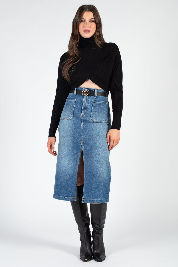 Just Black Denim Open Slit Midi Skirt honey –