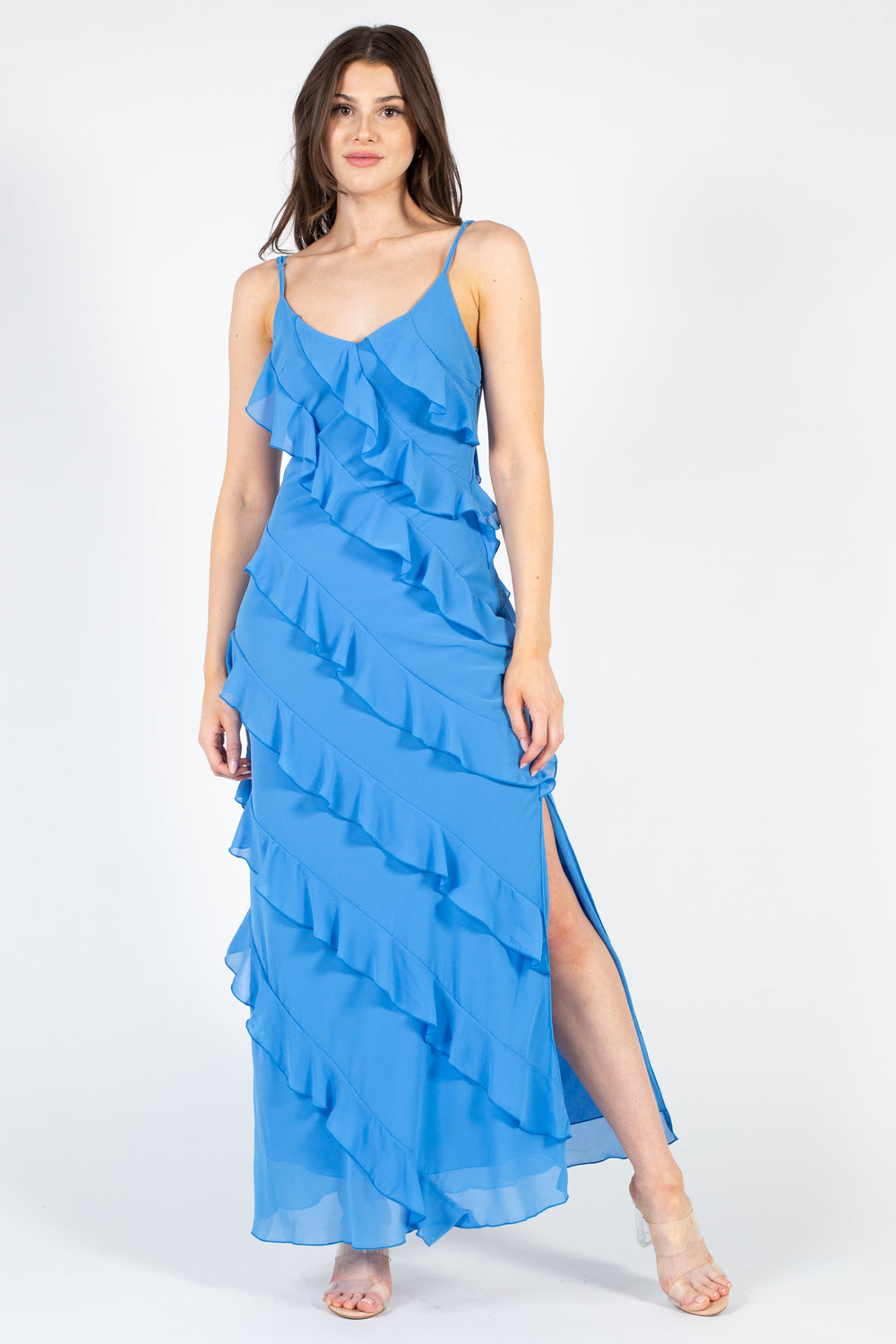 Love the Look Dusty Blue Tiered Ruffled Midi Dress