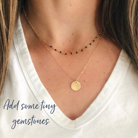 Layering Gold Necklace with tiny Sapphires designed by Sarah Cornwell Jewelry, Sarah Cornwell