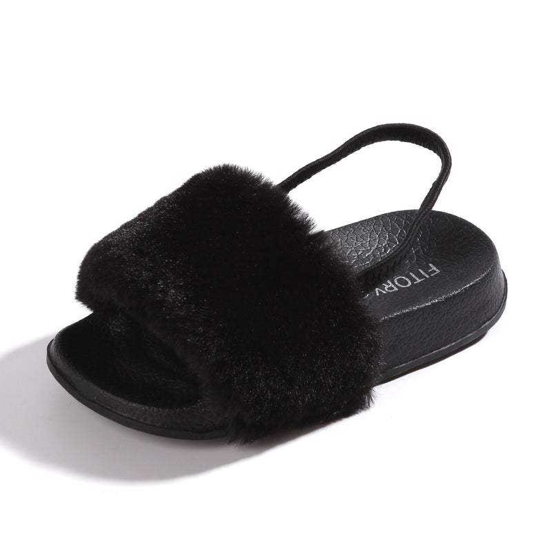 Girl's Faux Fur Slides With Elastic 