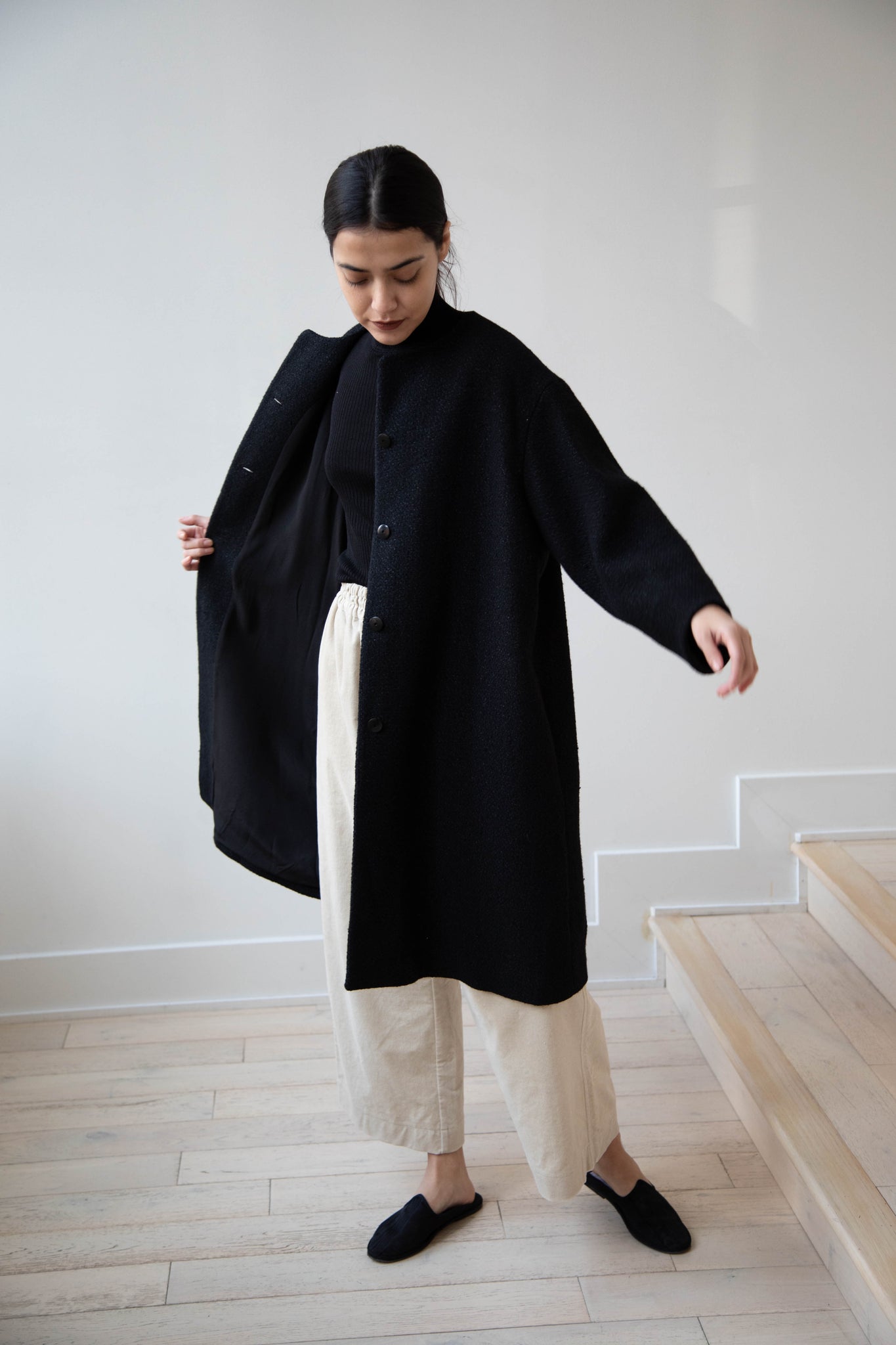 Arts & Science Boxy Washi & Wool Coat in Black