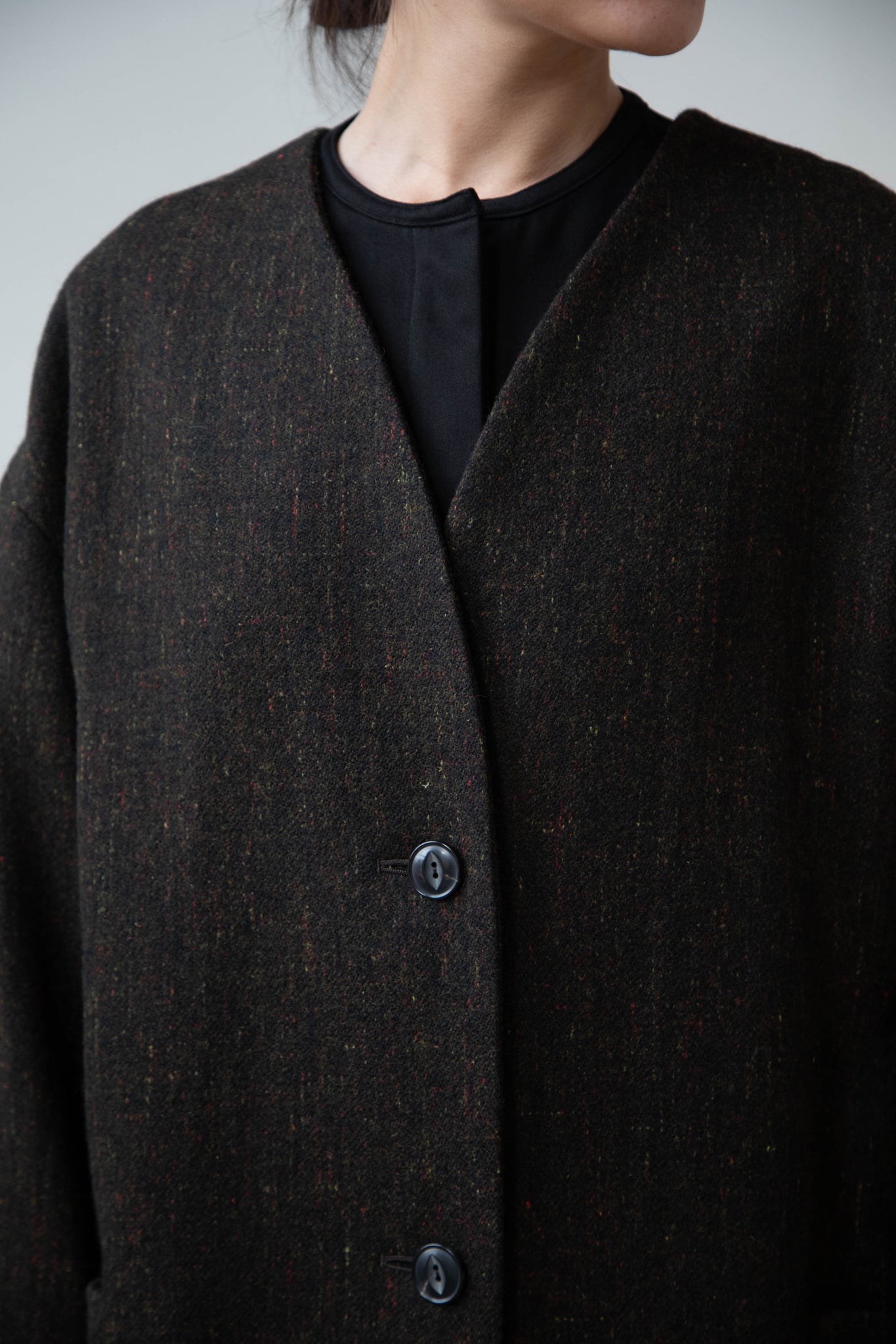 rennes — Arts & Science Tweed V-Neck Long Coat in Moss