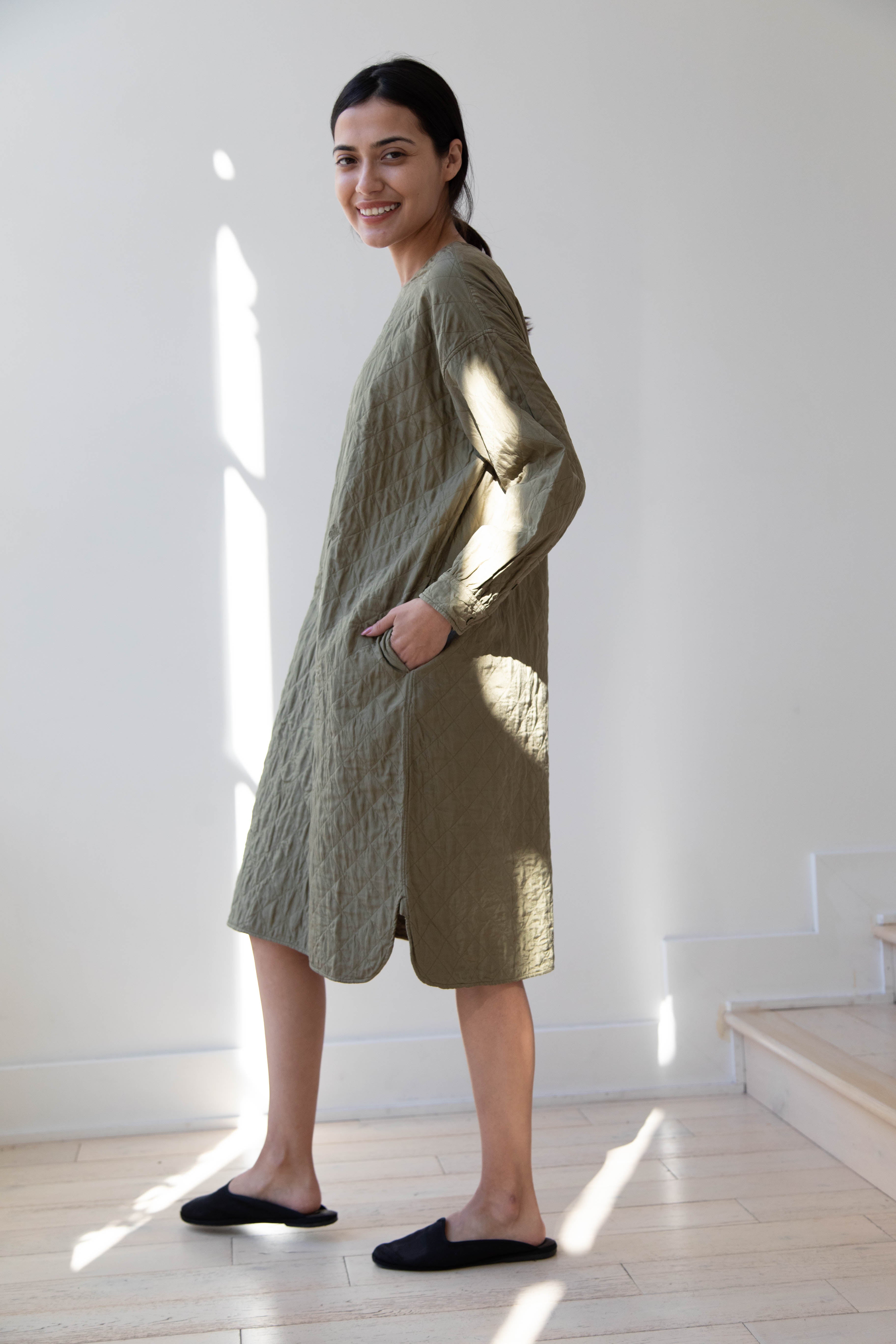 rennes — Maison de Soil Silk Crewneck Tunic Dress in Olive