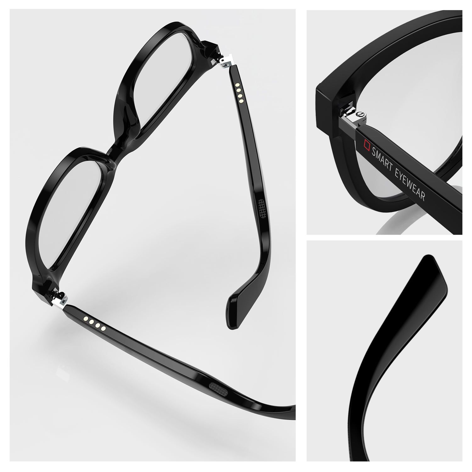 Browline Open-Ear With Canceling Unisex Audio Noise Lenses, Frame Glasses Blocking Silver Headset Eyeglasses, Bluetooth Blue Microphones, Light Smart