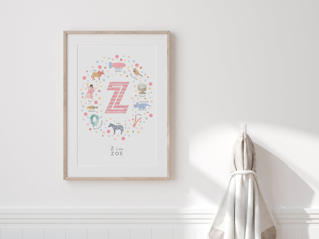 initial print z in pink in a kids bedroom