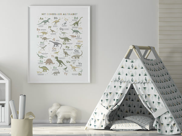 Dinosaur Print in playroom, next to play tent, paperpaintpixels, alphabet nursery art