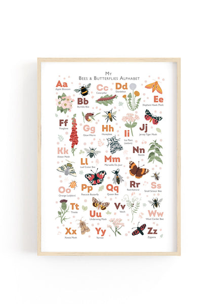 Butterflies, Bees and Flowers A-Z alphabet print in an oak frame on a white background