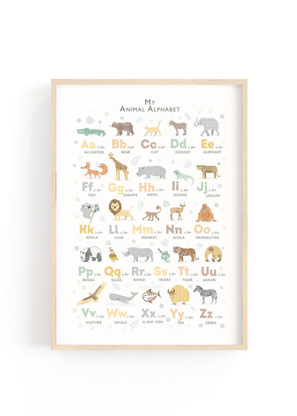 Image of a Safari Theme Nursery Alphabet in an Oak Frame on a white wall