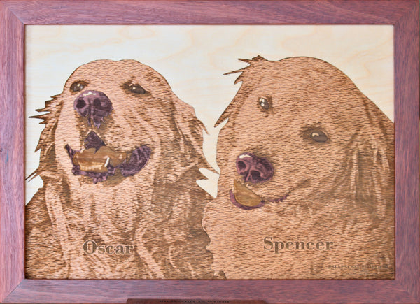Wooden portrait of two family dogs