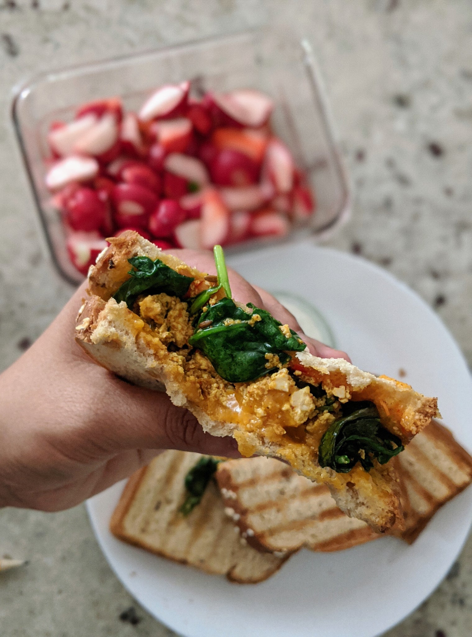 A perfectly delicious panini made with spiced tofu with SpiceFix spices. Spinach is added for an extra healthy note 