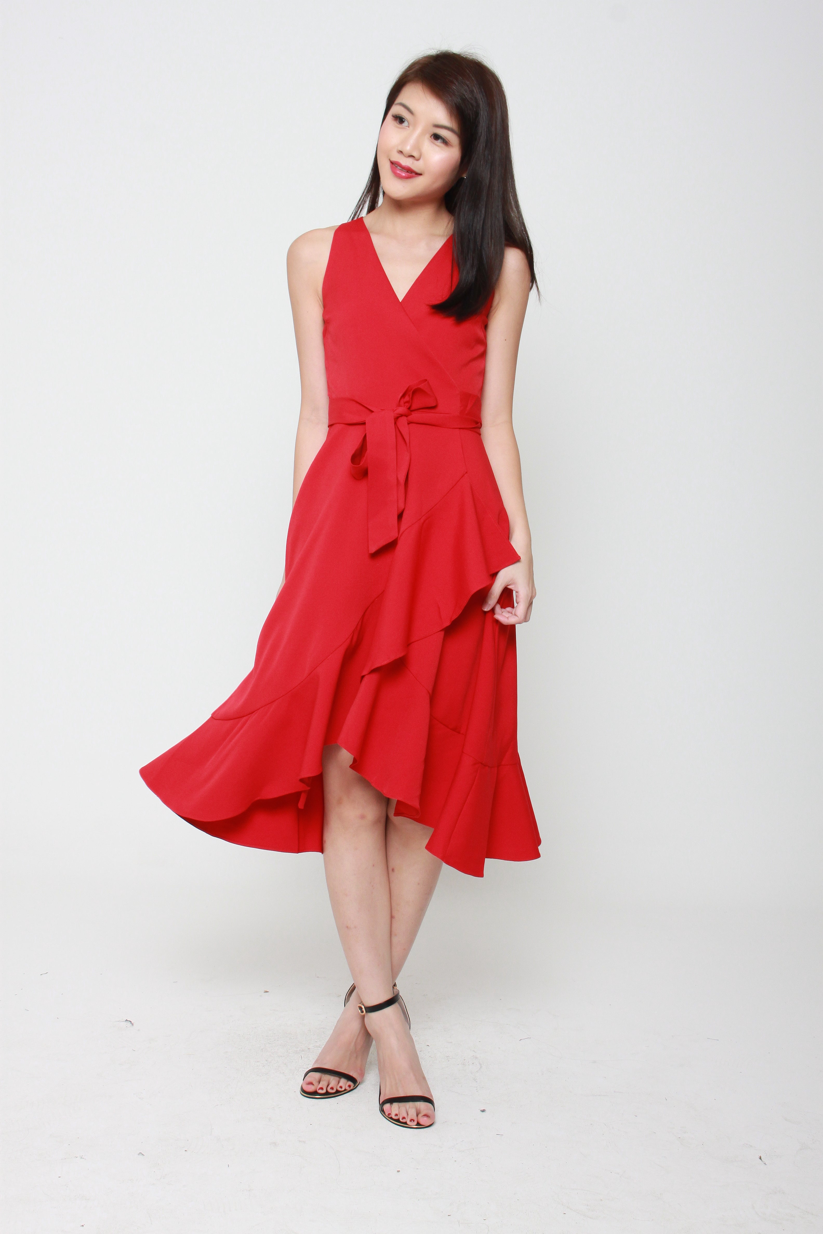 sleeveless red wrap dress