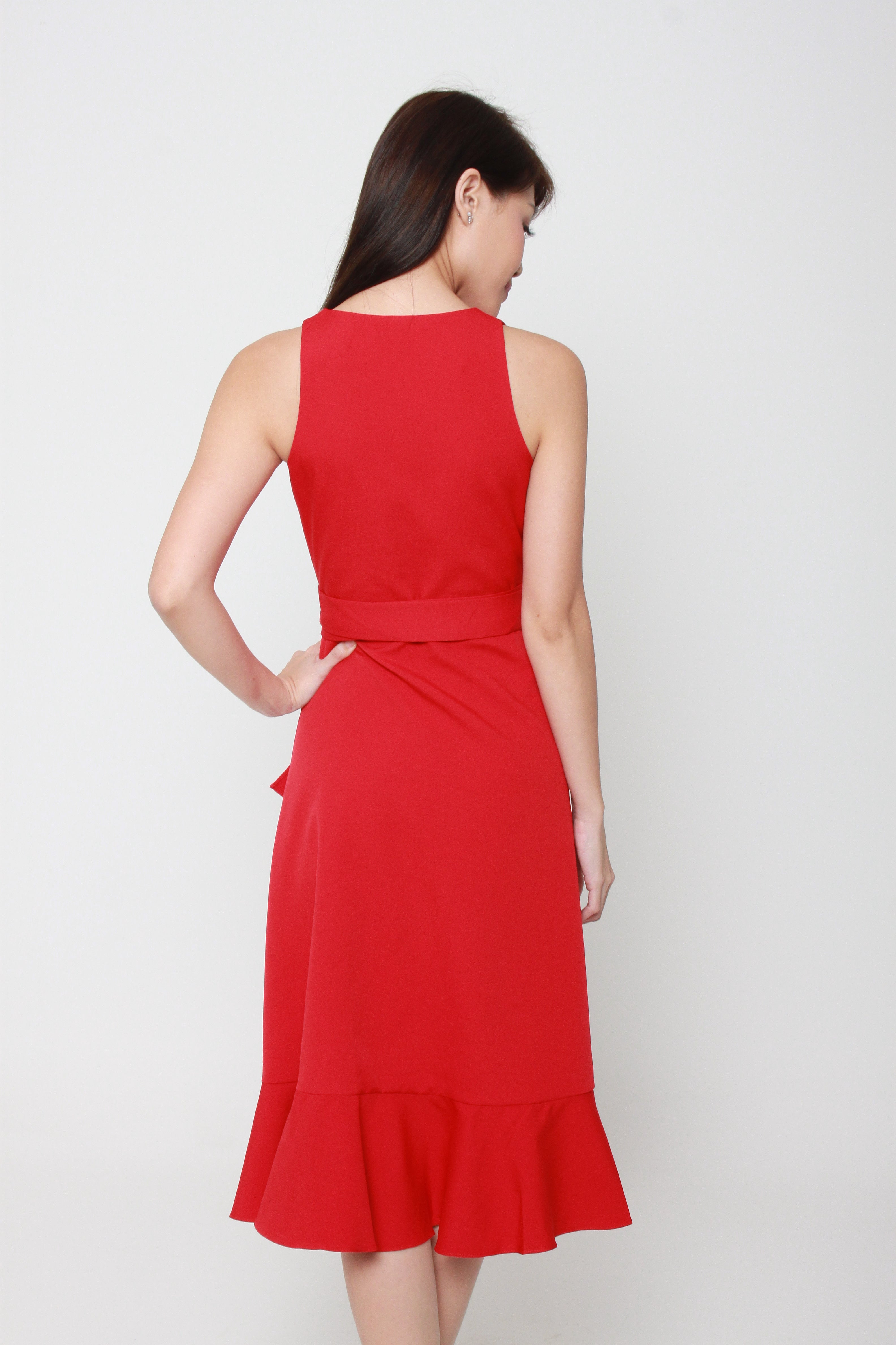 red ruffle wrap dress