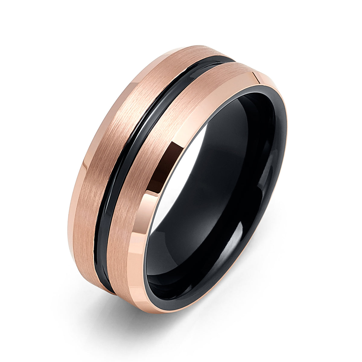 8mm - Tungsten Wedding Band Two-Tone Rose Gold & Black Center Groove ...