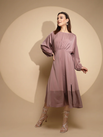 Solid Boat Neck Full Sleeve Satin Long Dress