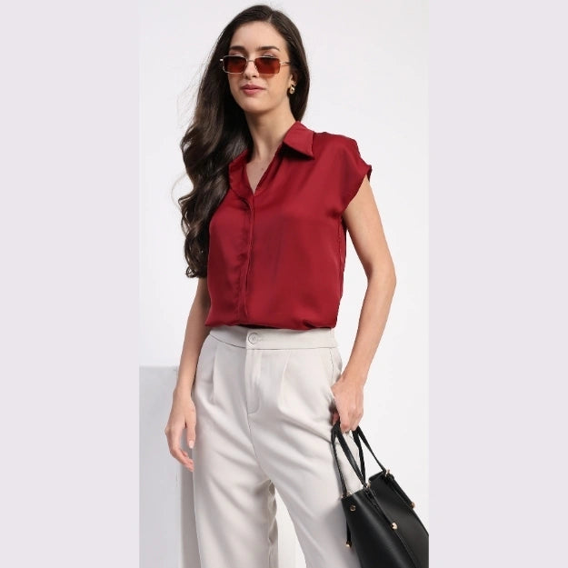 Garnet Solid Satin Loose Fit Formal Shirt | Global Republic