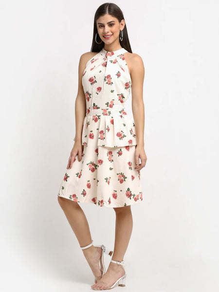 WOMEN'S HALTER-NECK FLORAL PRINTED LAYERED WHITE DRESS