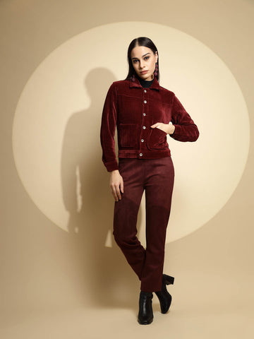 Solid Maroon Full Sleeve Collar Neck Suede Jacket