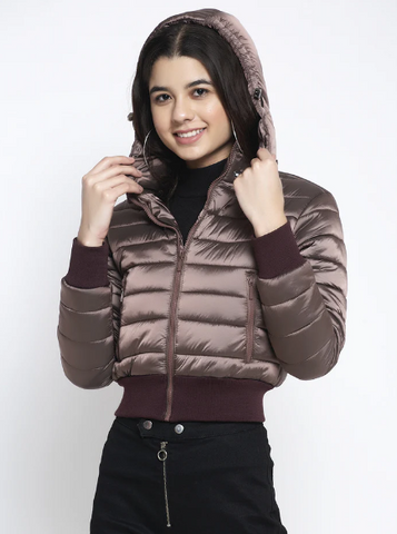 Women Brown Hooded Solid Jacket